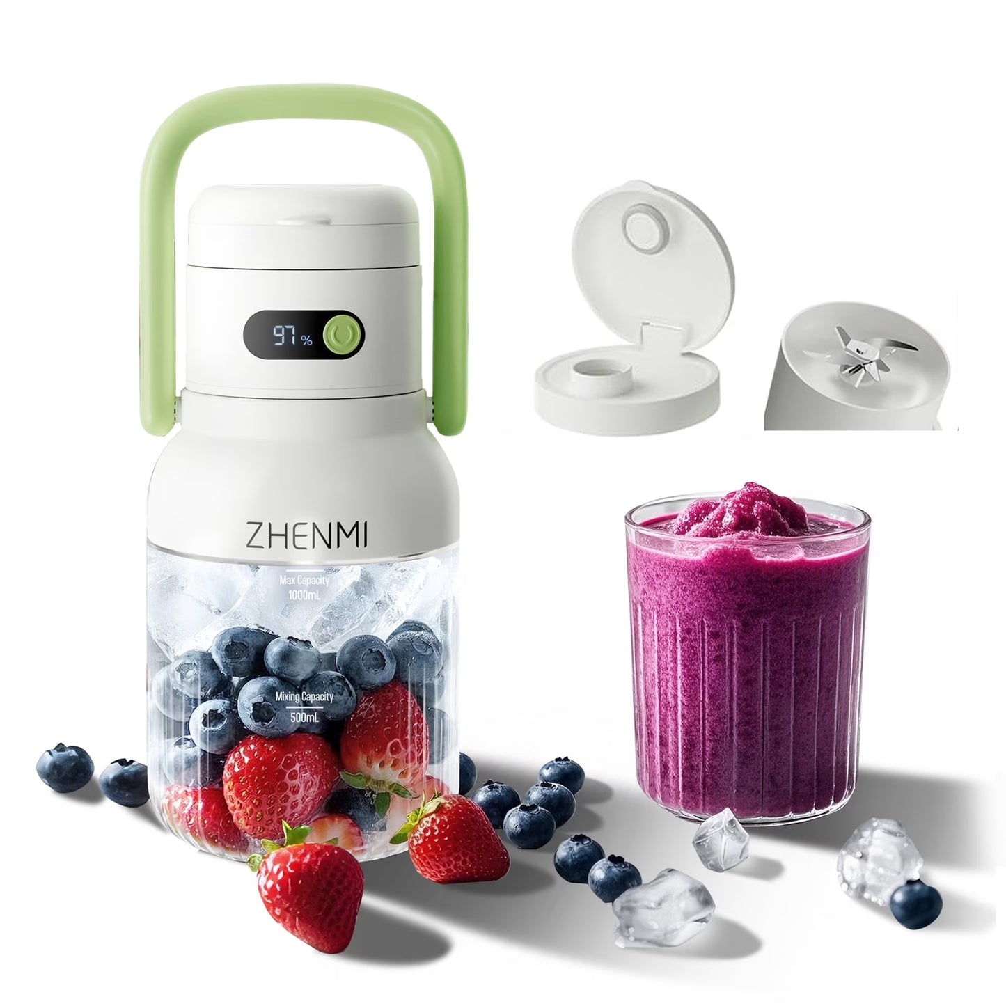 ZHENMI® Portable Blender J15 – Tritura Gelo, Mistura em 10s, Leve para Onde Quiser